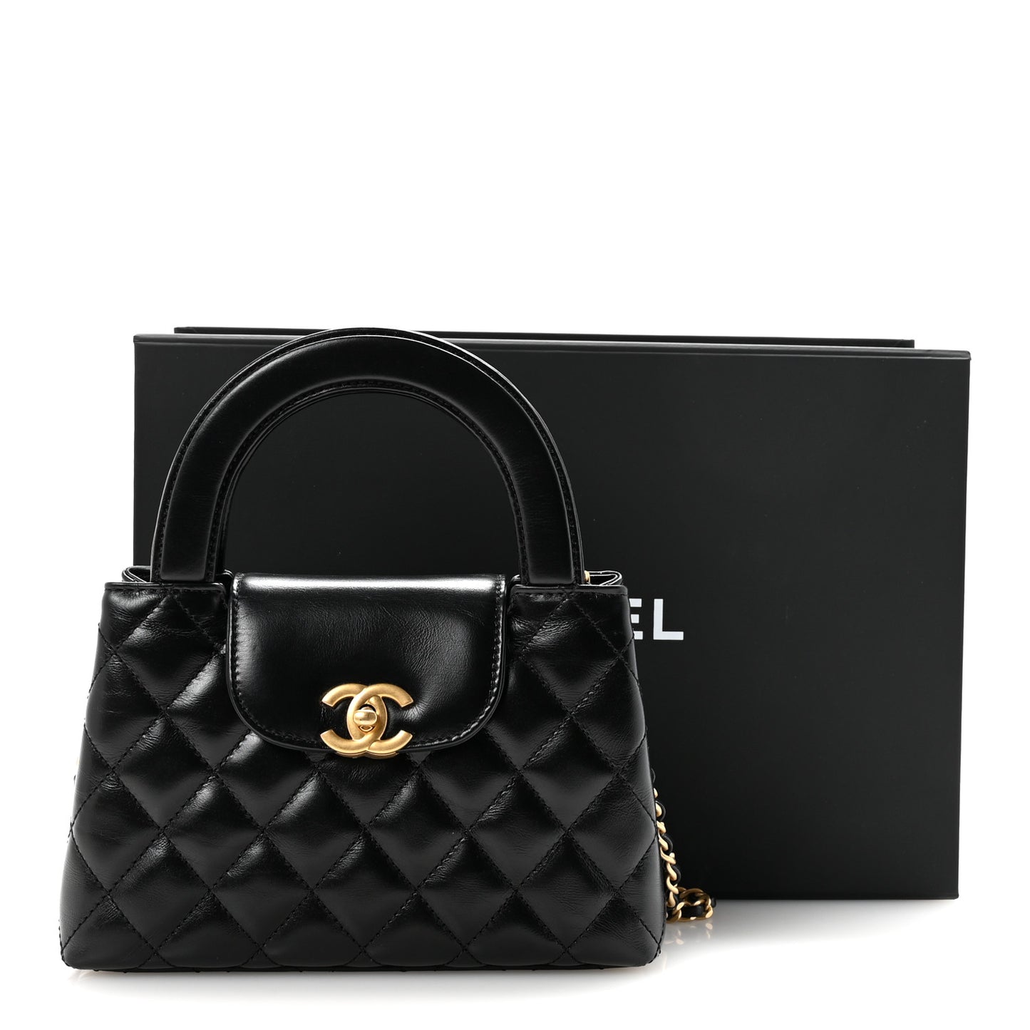 Shiny Aged Calfskin Quilted Nano Kelly Shopper Black