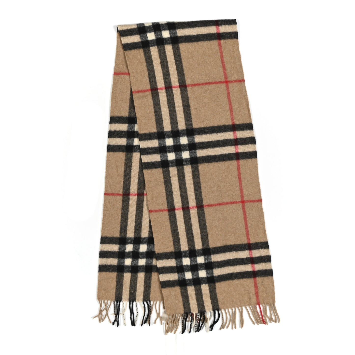 Cashmere Giant Check Fringe Scarf Camel