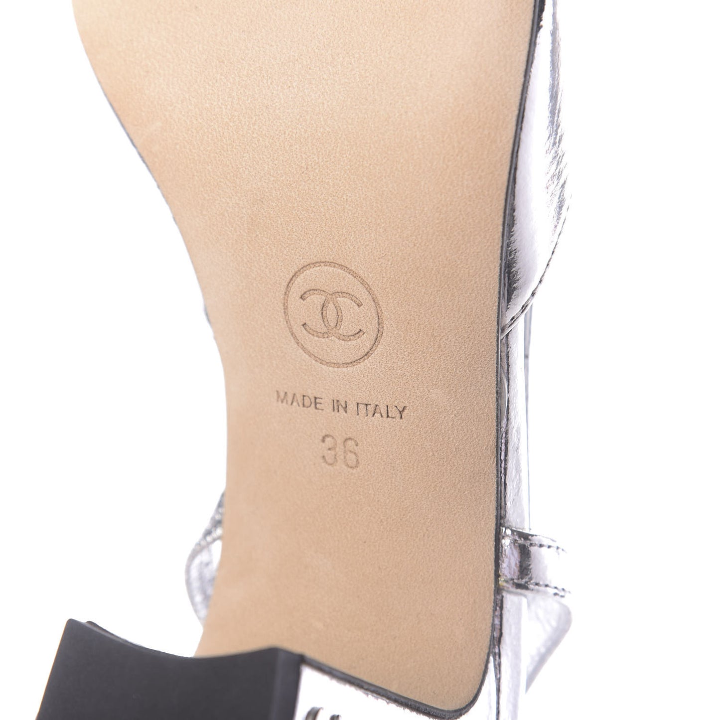 Laminated Lambskin Grosgrain Cap Toe CC Slingback Sandals 36 Silver Black