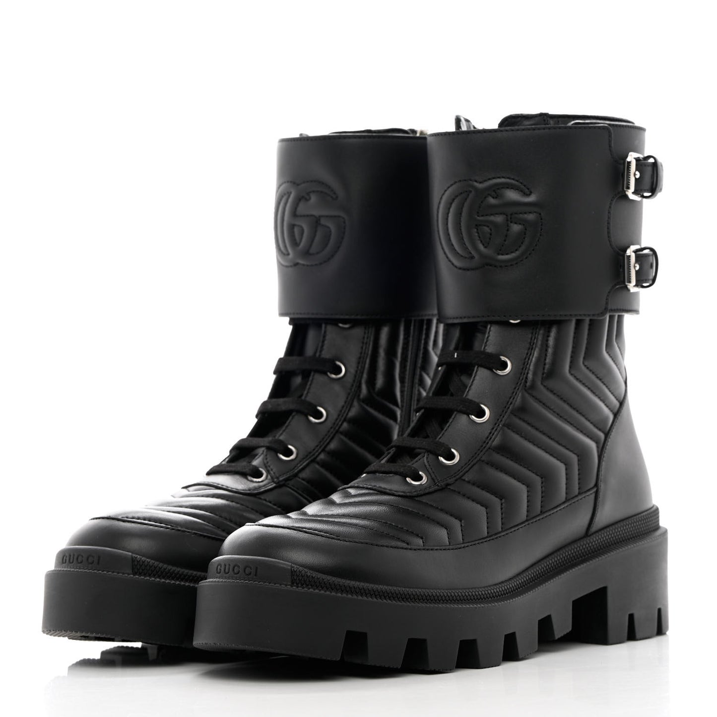Nappa Frances GG Matelasse Platform Combat Boots 38.5 Black