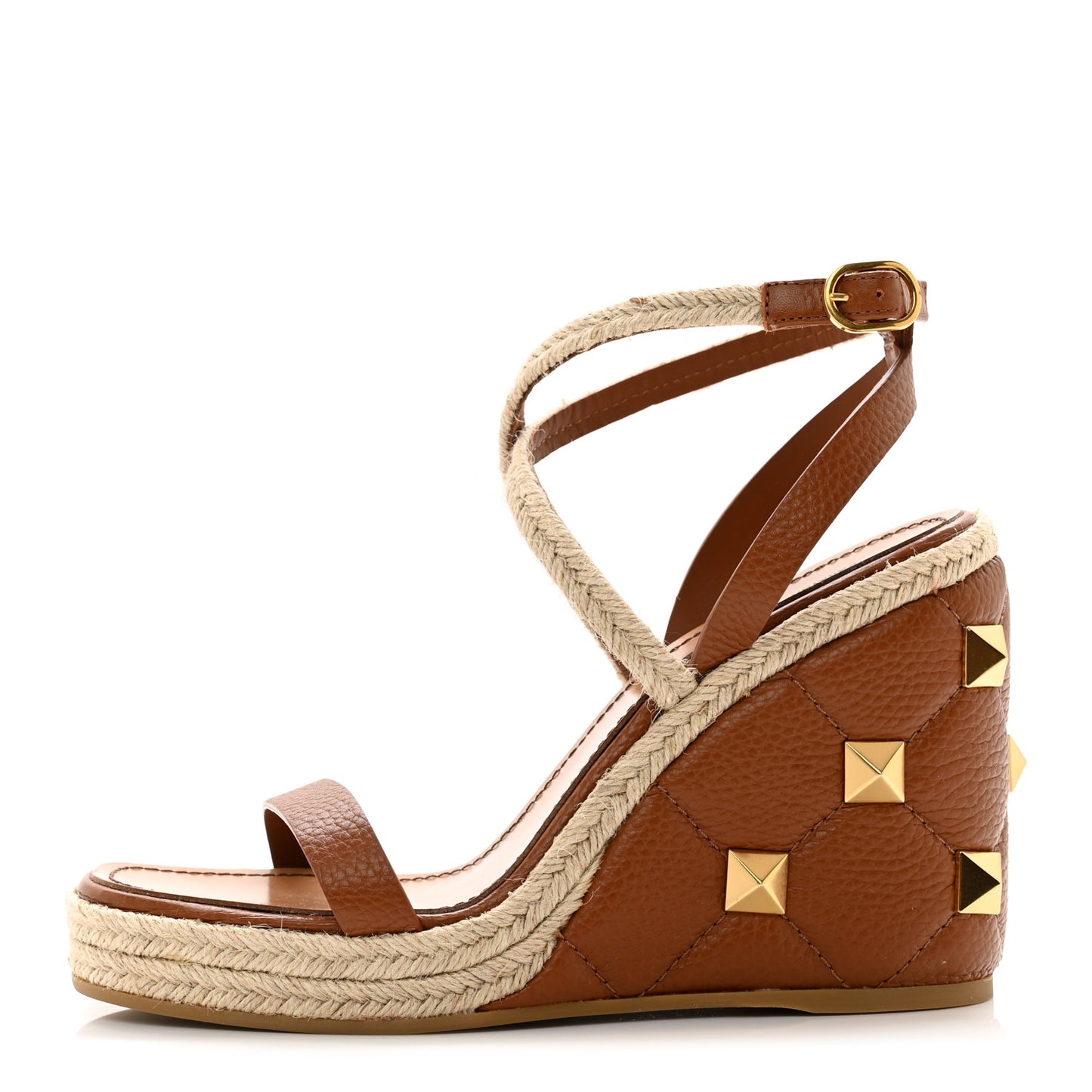 Grained Calfskin Roman Stud Espadrille Wedge Ankle Wrap Sandals 39.5 Selleria