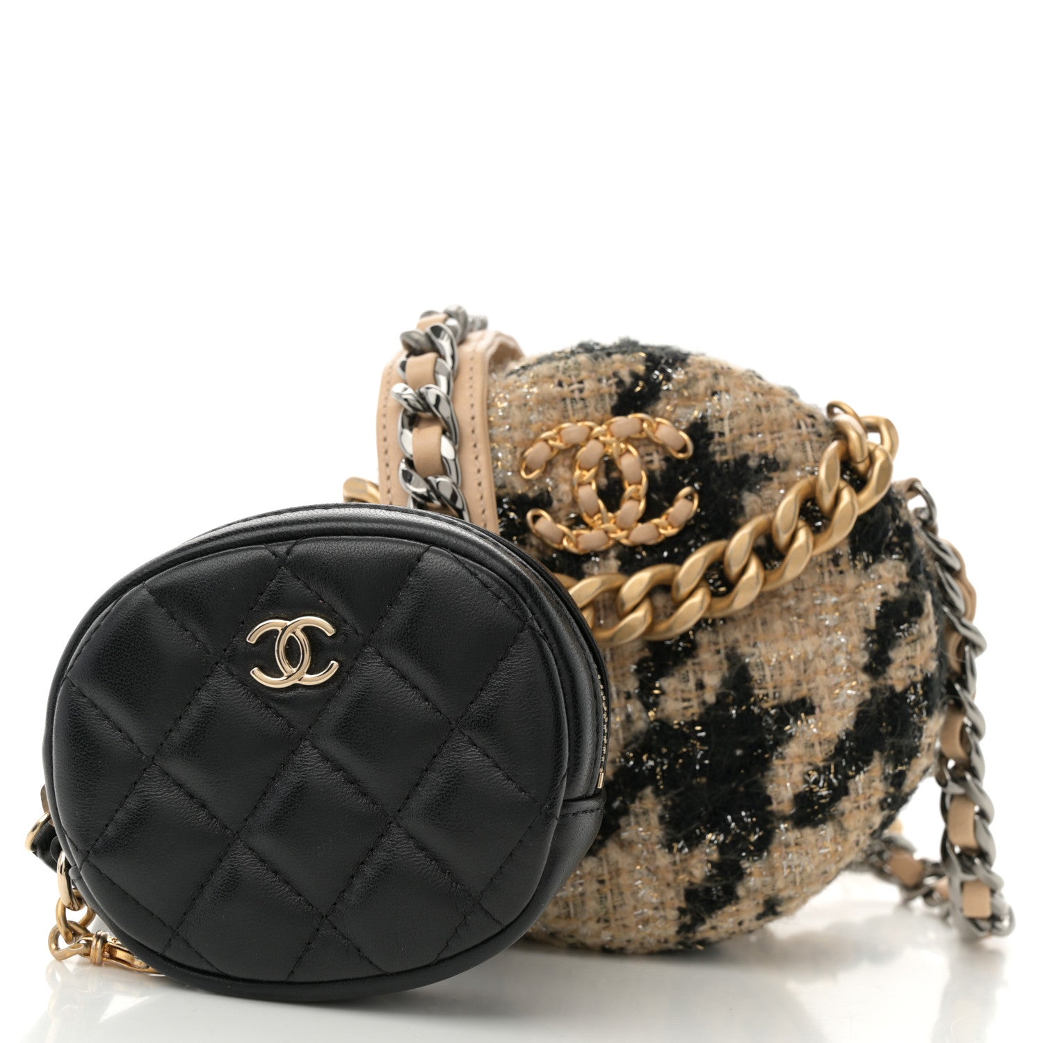 Chanel Wool Tweed Lambskin Quilted Chanel 19 Round Clutch With Chain and Coin Purse Beige Black 3 of 10