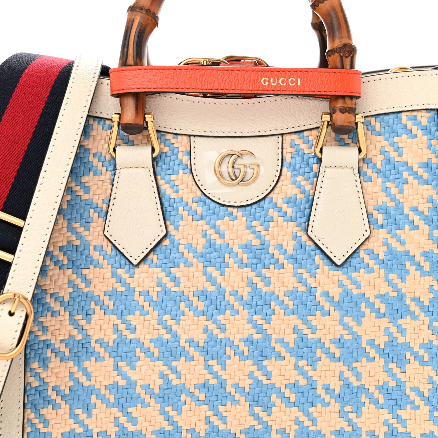 Gucci Raffia Textured Dollar Calfskin Web Houndstooth Small Diana Tote Bag Light Blue Natural Deep Orange 7 of 9
