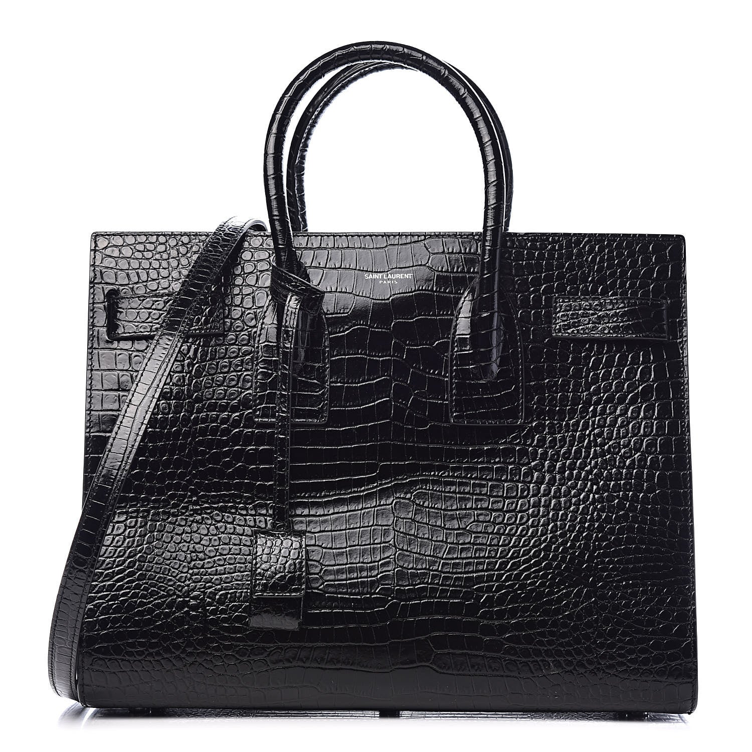 Saint Laurent Calfskin Crocodile Embossed Small Sac de Jour Black 1 of 15