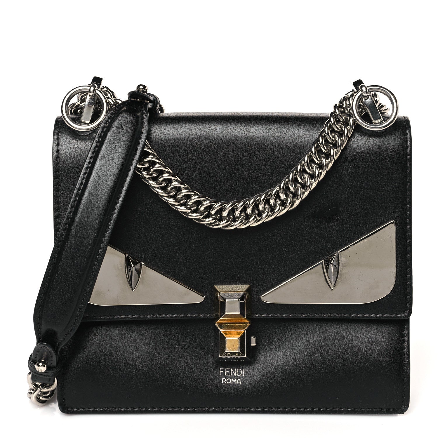 Fendi Vitello Liberty Lucido Metal Monster Eyes Studded Small Kan I Shoulder Bag Black 1 of 9