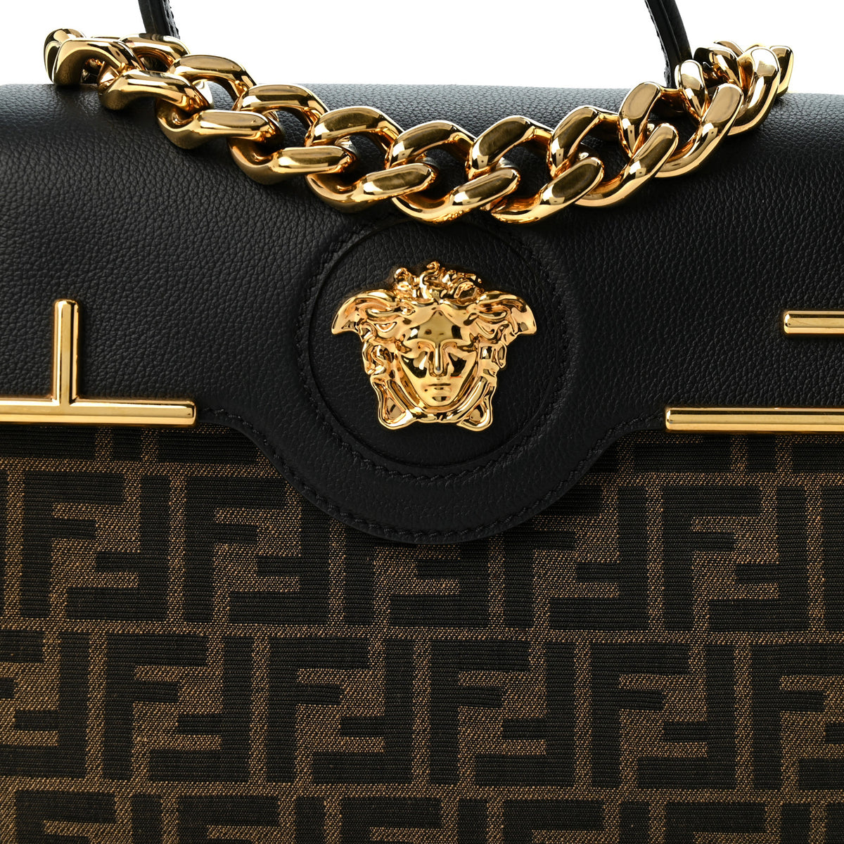Versace X FENDI Grained Calfskin Fendace Medium La Medusa Top Handle Bag Black Brown 7 of 9
