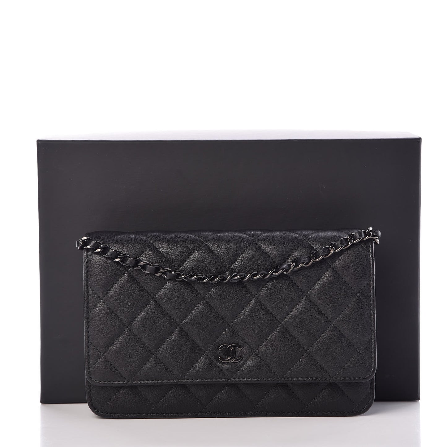 Crumpled Calfskin Quilted Wallet On Chain WOC So Black