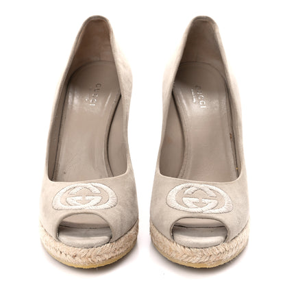 Gucci Kid Scamosciato Interlocking G Espadrille Peep Toe Wedge Sandals 37.5 Oatmeal 2 of 8