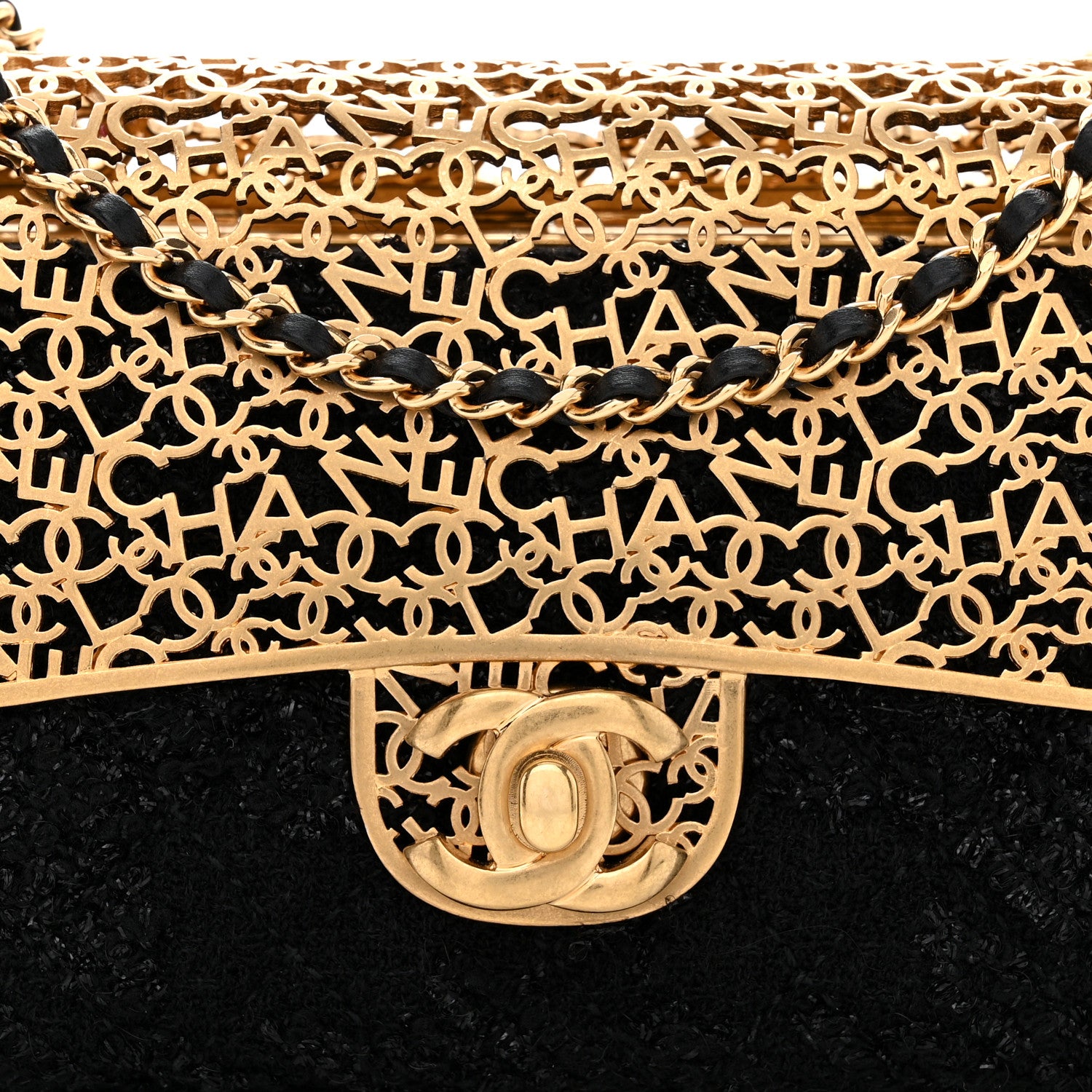 Chanel Metal Tweed Logo CC Minaudiere Flap Bag Black Gold 8 of 10