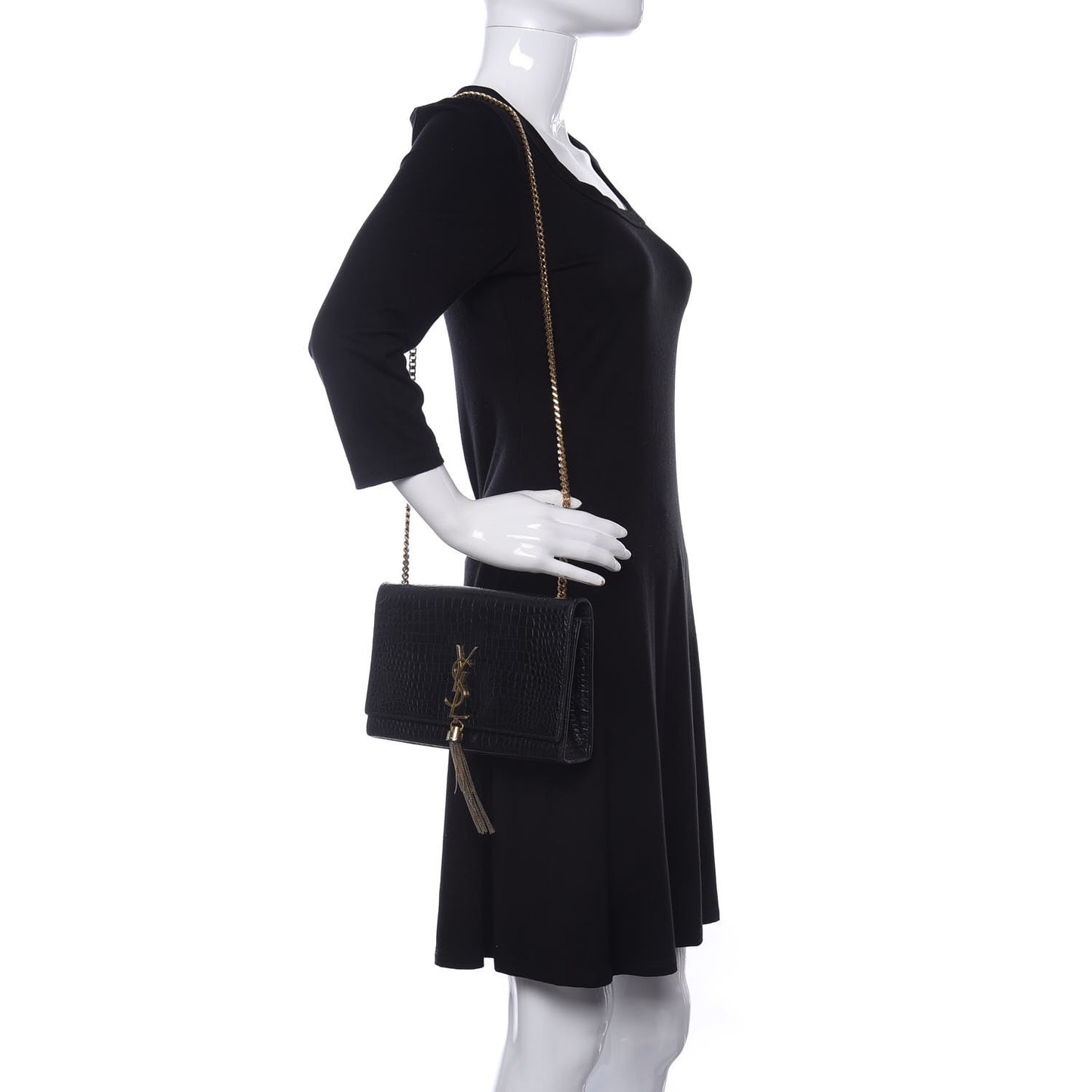 Calfskin Crocodile Embossed Medium Classic Monogram Kate Tassel Satchel Black