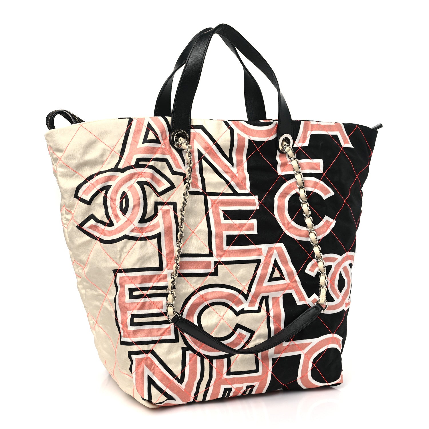 Chanel Nylon Stitched Printed Logo Shopping Bag Black White 3 of 10
