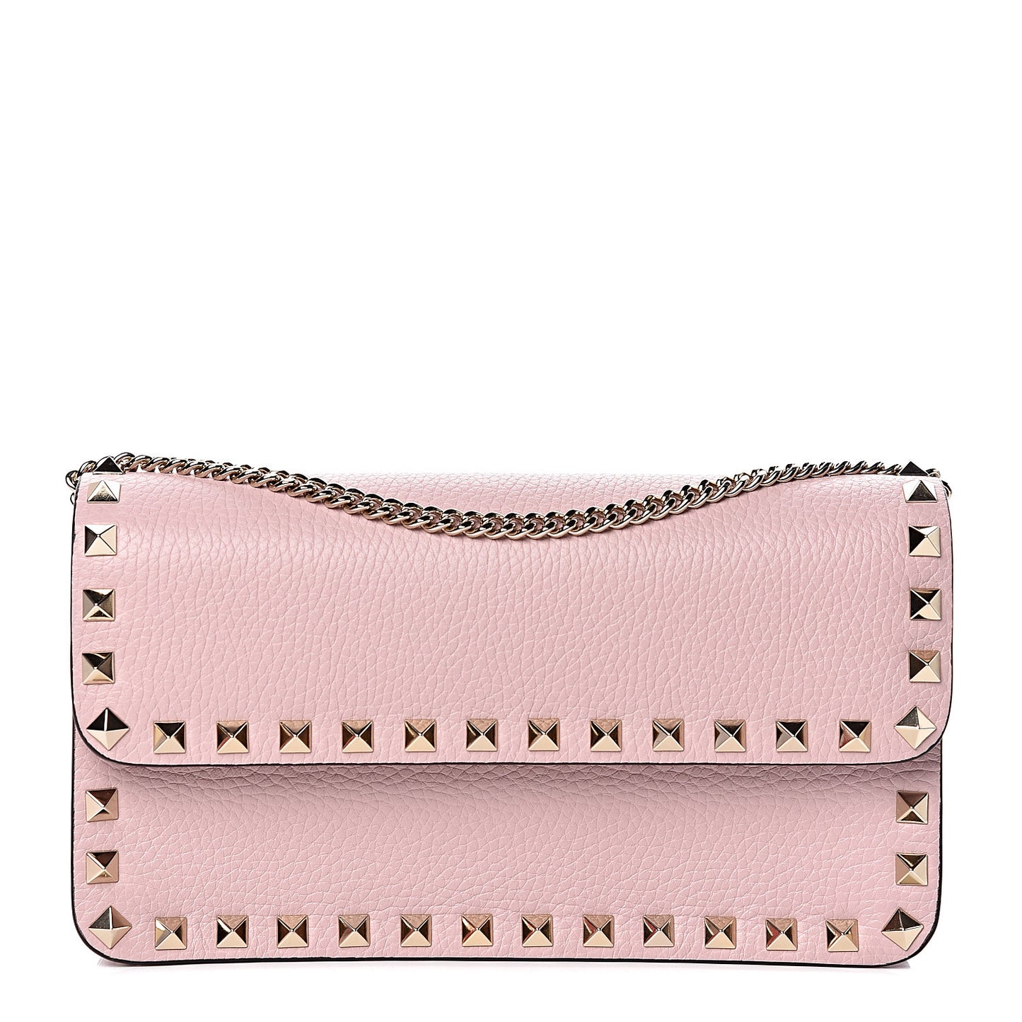 Pebbled Calfskin Rockstud Flap Wallet On Chain Poudre