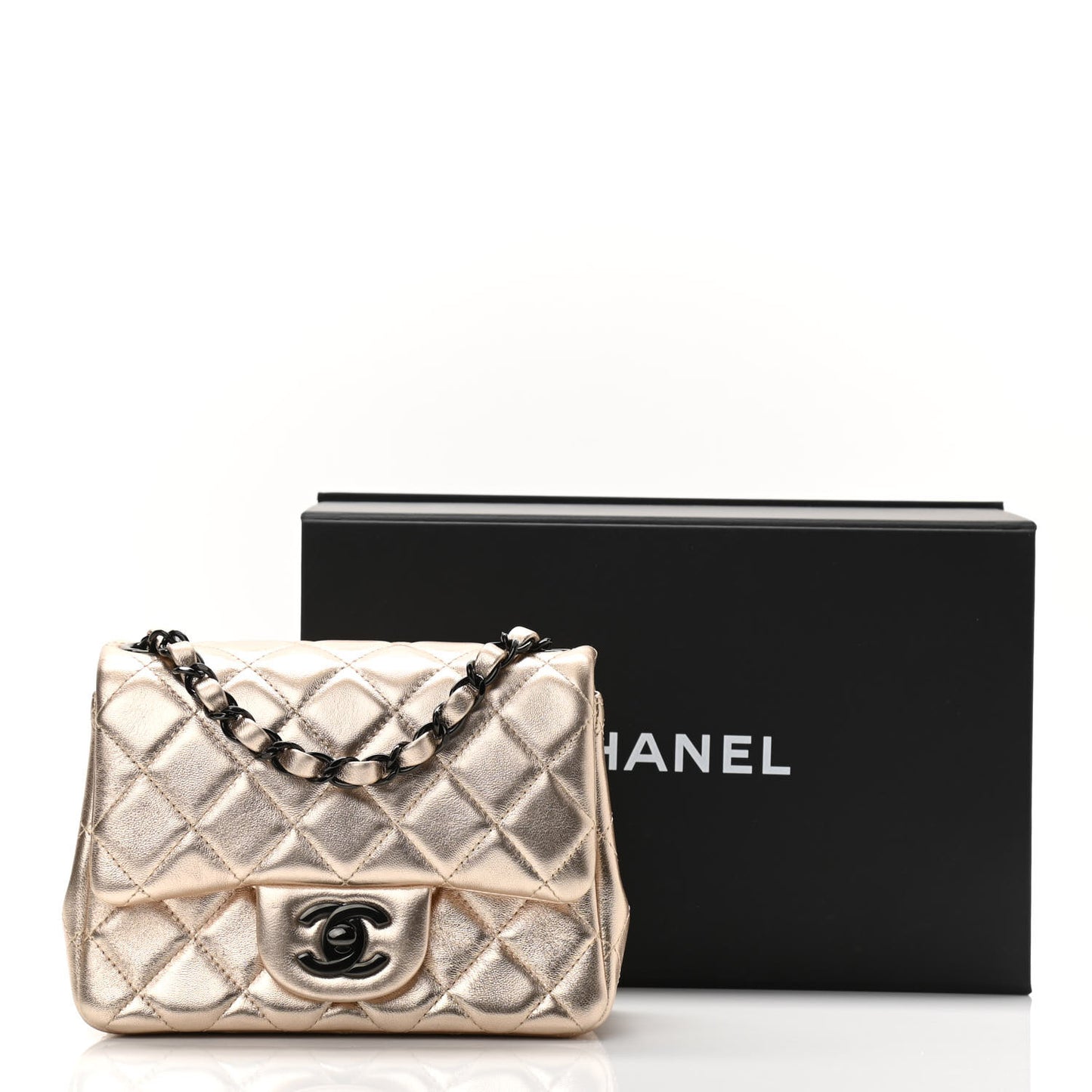 Metallic Lambskin Quilted Mini Square Flap Gold Black