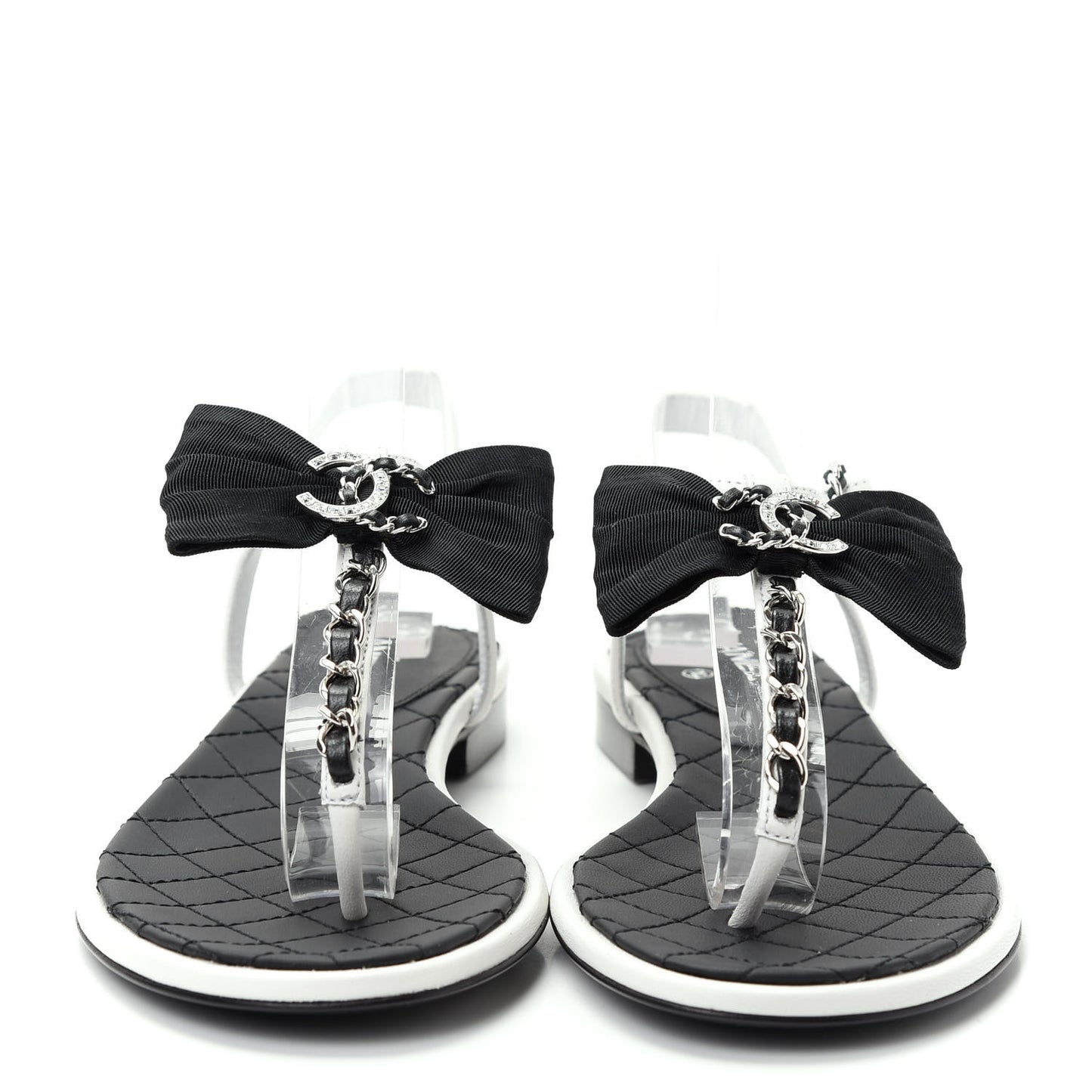Lambskin Crystal Chain CC Logo Thong Sandals 35.5 White