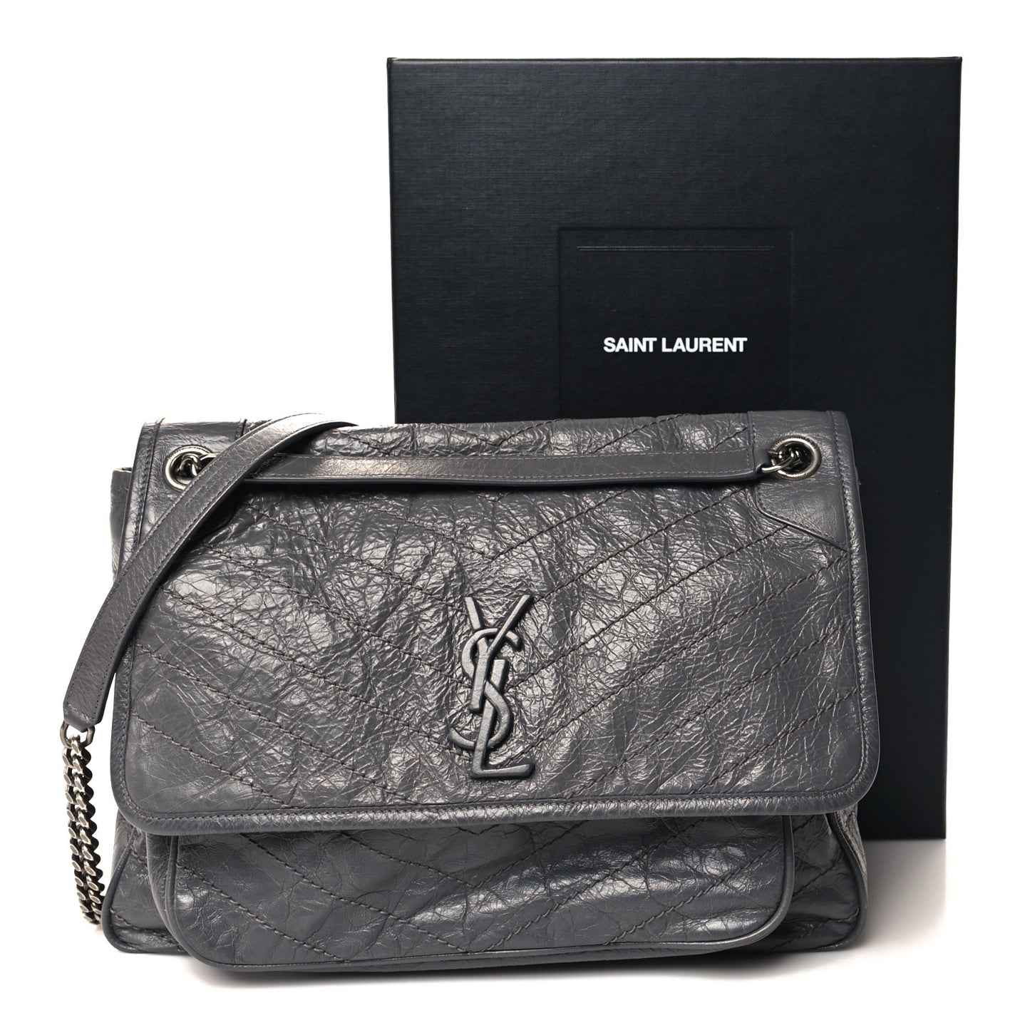 Crinkled Calfskin Matelasse Monogram Large Niki Chain Satchel Storm