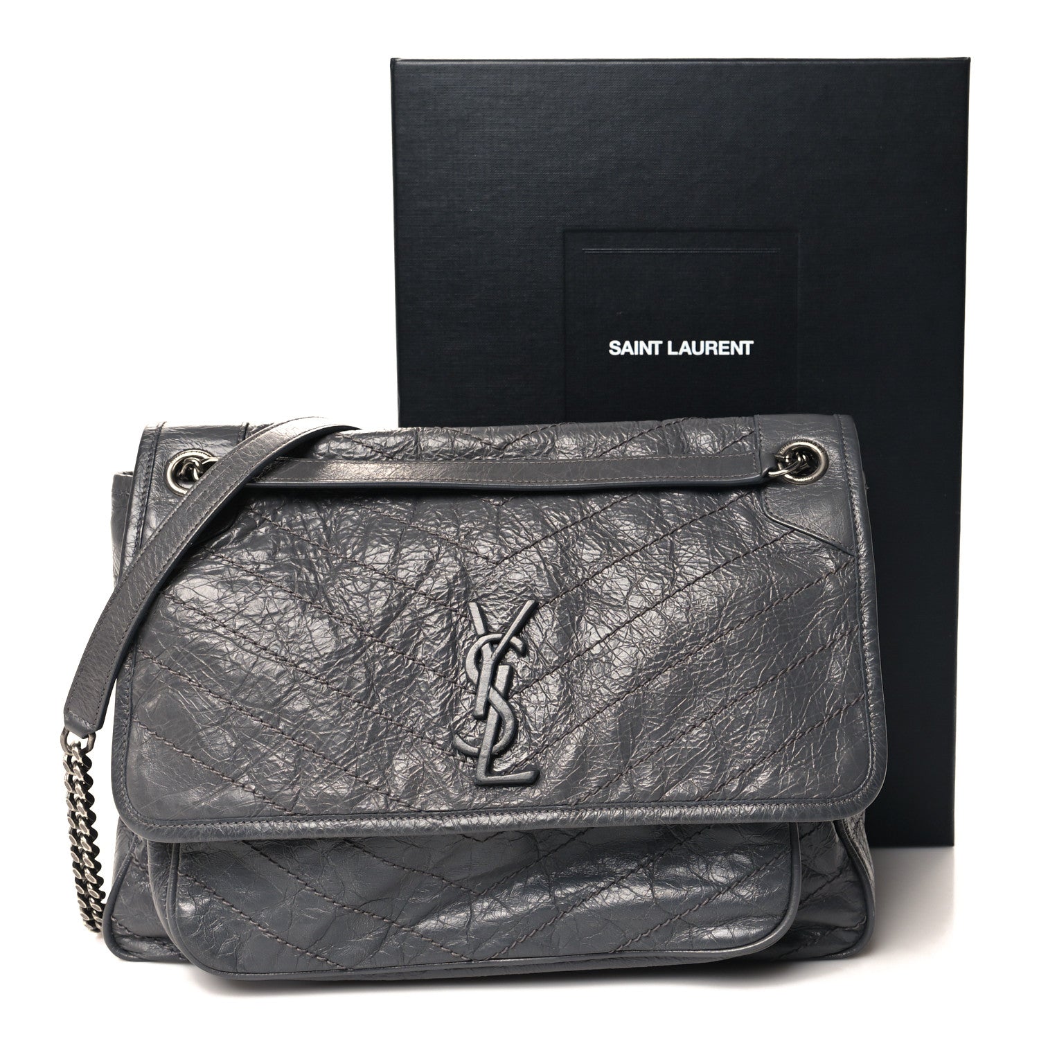 Saint Laurent Crinkled Calfskin Matelasse Monogram Large Niki Chain Satchel Storm 11 of 11