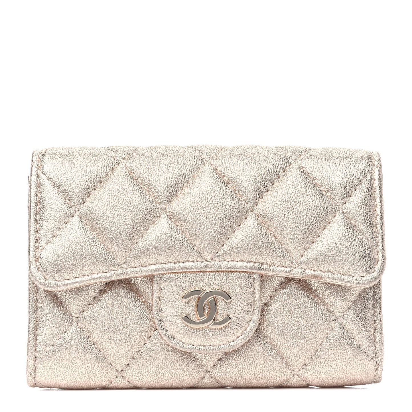 Metallic Lambskin Quilted Flap Card Holder Wallet Gold