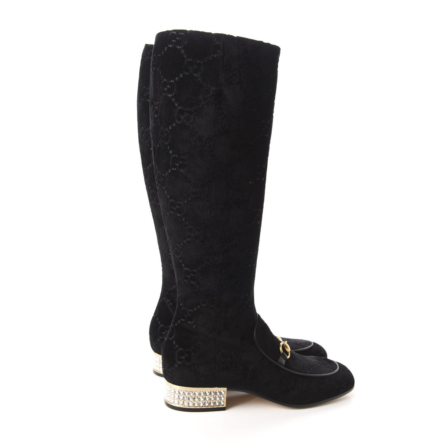 Velvet GG Monogram Crystal Horsebit Knee High Boots 40 Black