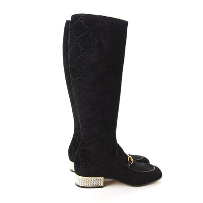 Gucci Velvet GG Monogram Crystal Horsebit Knee High Boots 40 Black 4 of 9