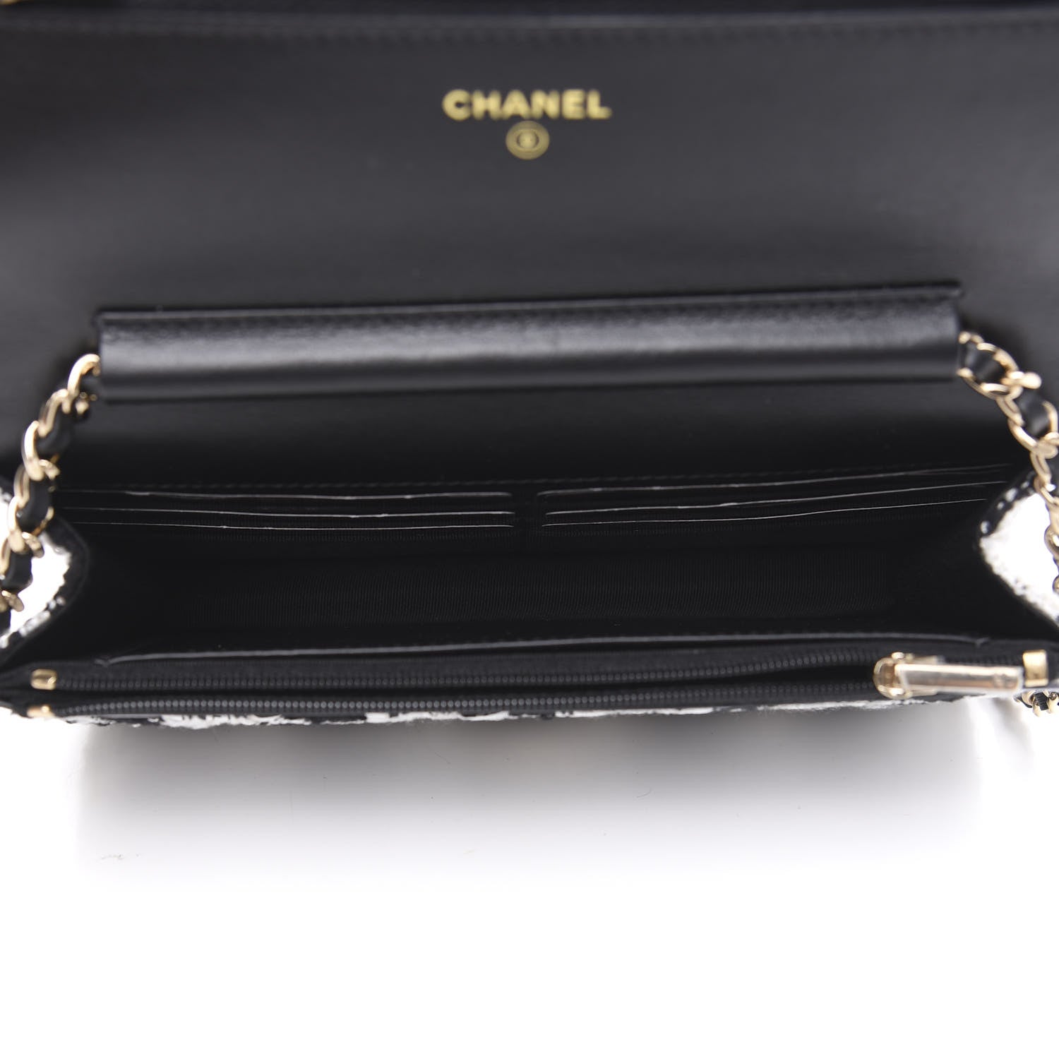 Chanel Tweed Quilted Wallet On Chain WOC Black Ecru White 4 of 10