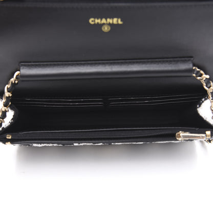 Chanel Tweed Quilted Wallet On Chain WOC Black Ecru White 4 of 10