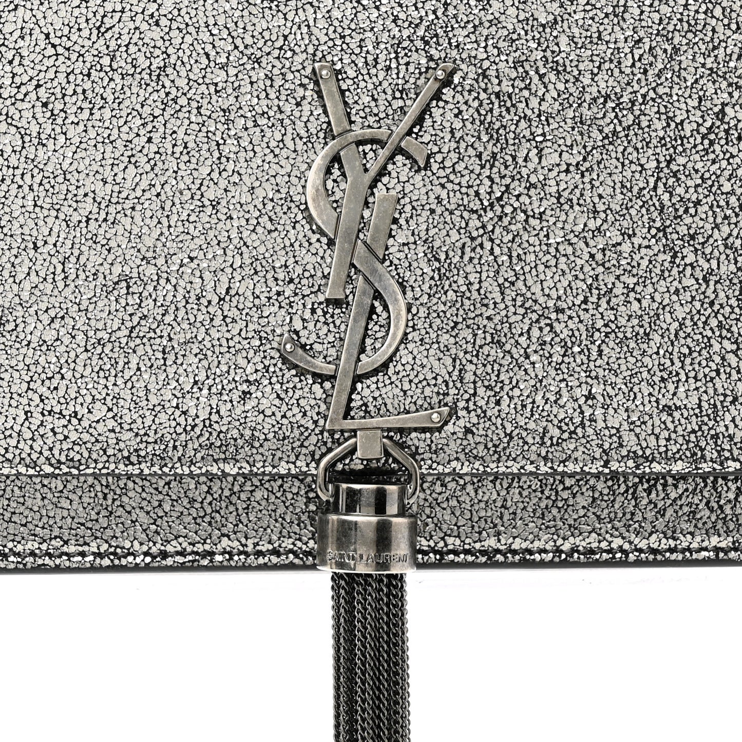 Metallic Calfskin Classic Monogram Kate Tassel Chain Wallet Gun Metal