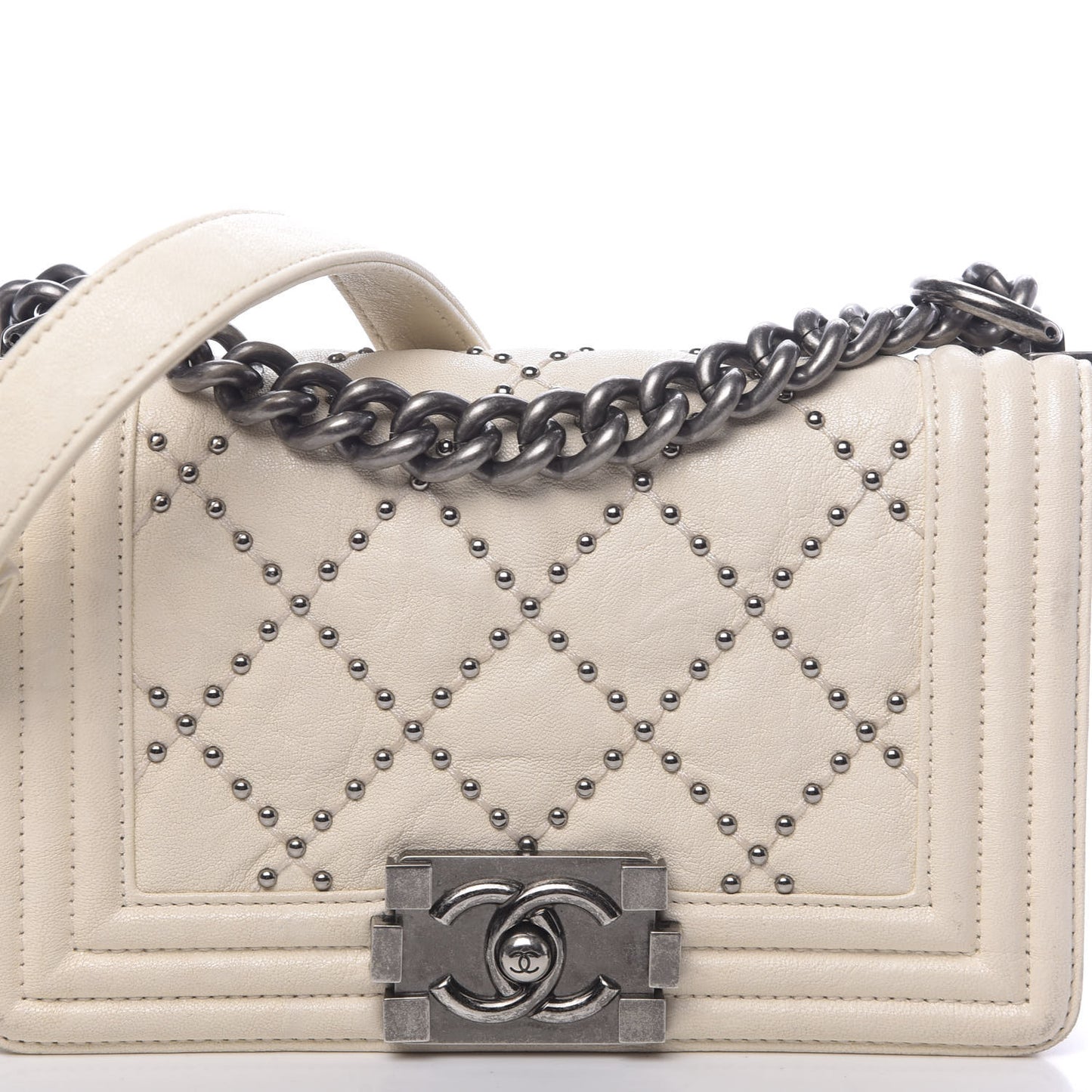 Crumpled Lambskin Small Studded Boy Flap Ecru