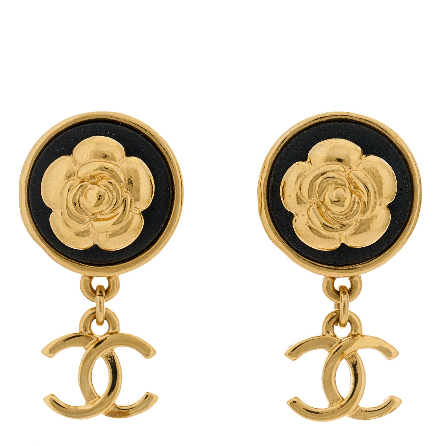 Chanel Metal Lambskin Camellia CC Drop Earrings Gold Black 1 of 5