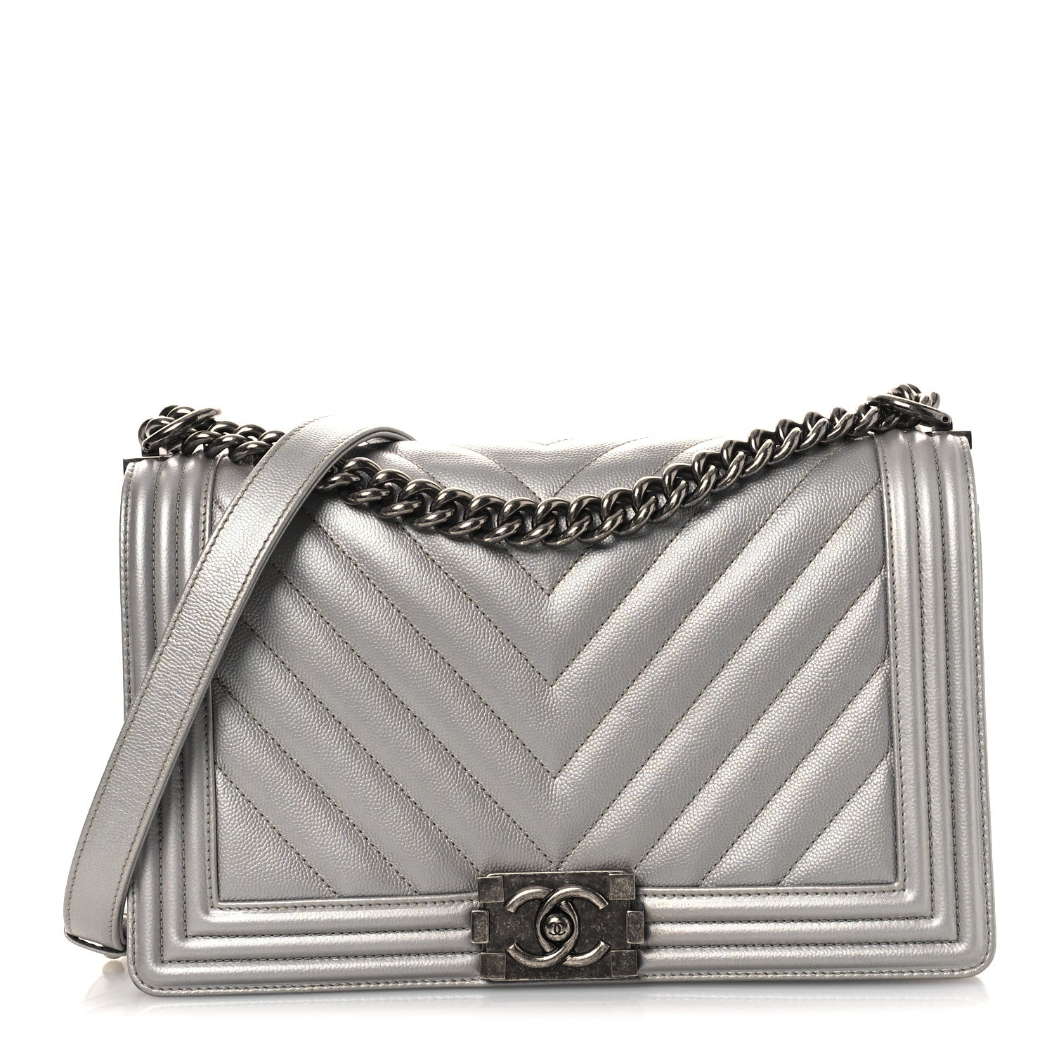 Chanel Metallic Caviar Chevron Quilted New Medium Boy Flap Silver 1 of 14