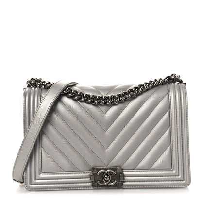 Chanel Metallic Caviar Chevron Quilted New Medium Boy Flap Silver 1 of 14