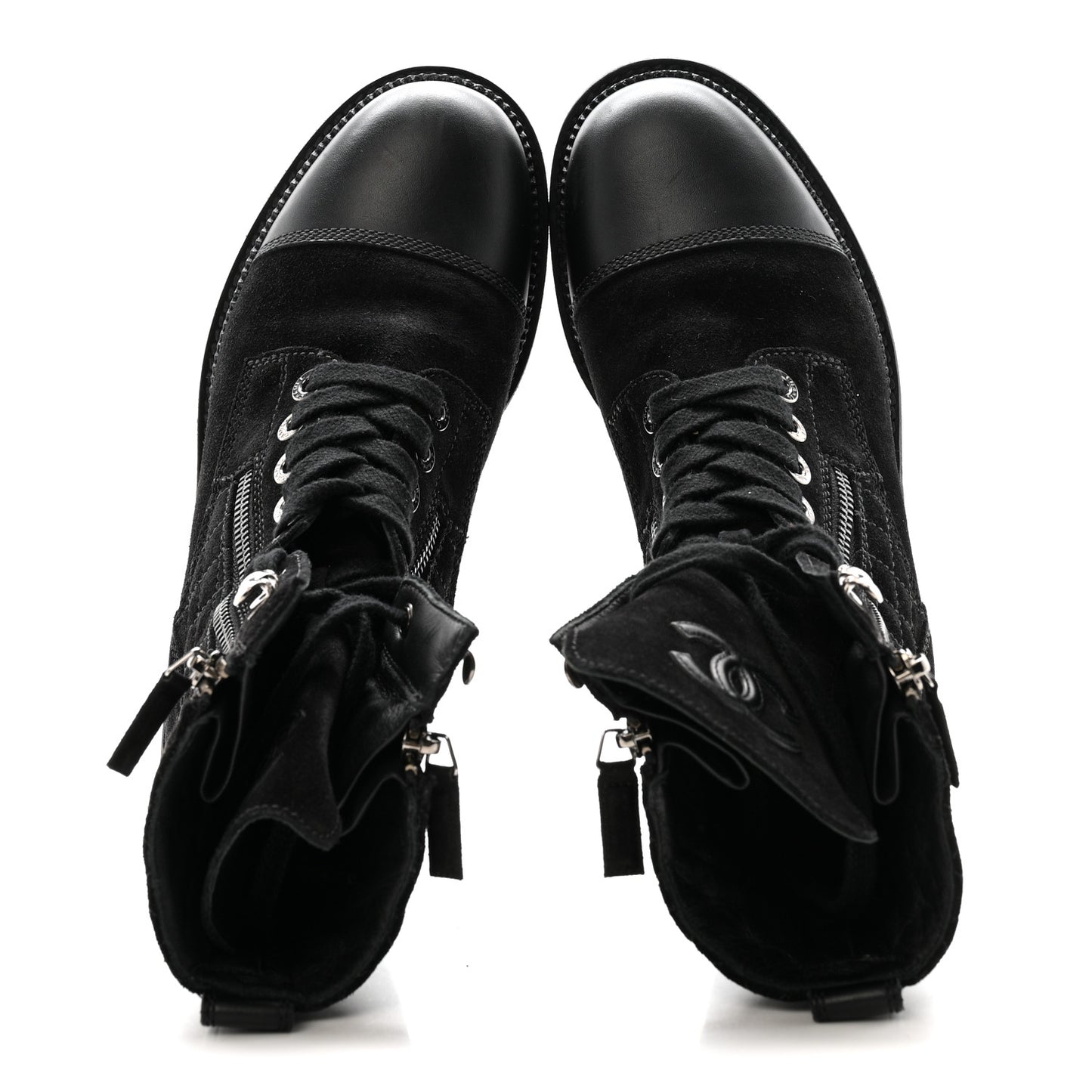Suede Calfskin Quilted Lace Up Boots 38 Black