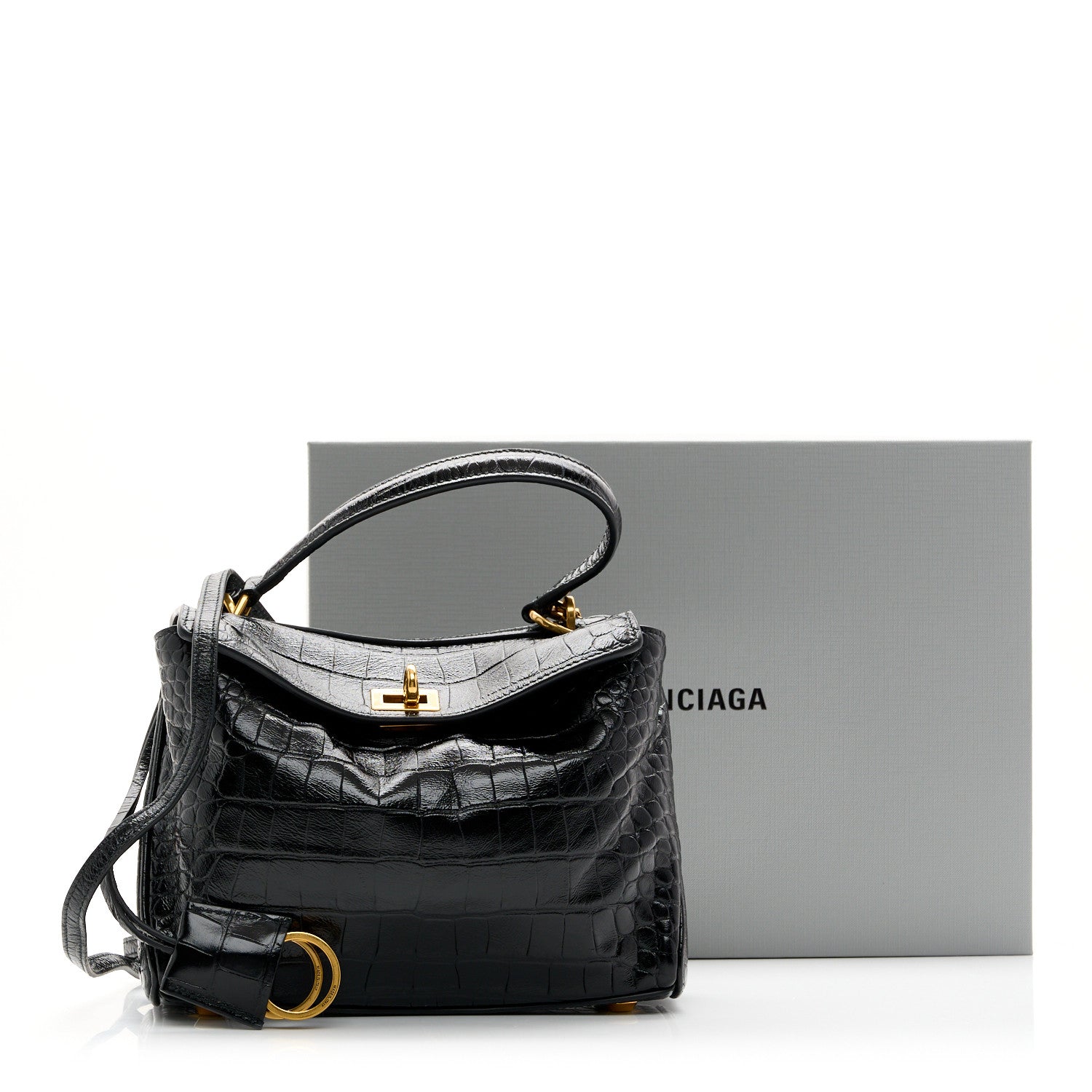 Balenciaga Shiny Calfskin Crocodile Embossed Mini Rodeo Top Handle Handbag Black 17 of 17