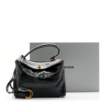 Balenciaga Shiny Calfskin Crocodile Embossed Mini Rodeo Top Handle Handbag Black 17 of 17