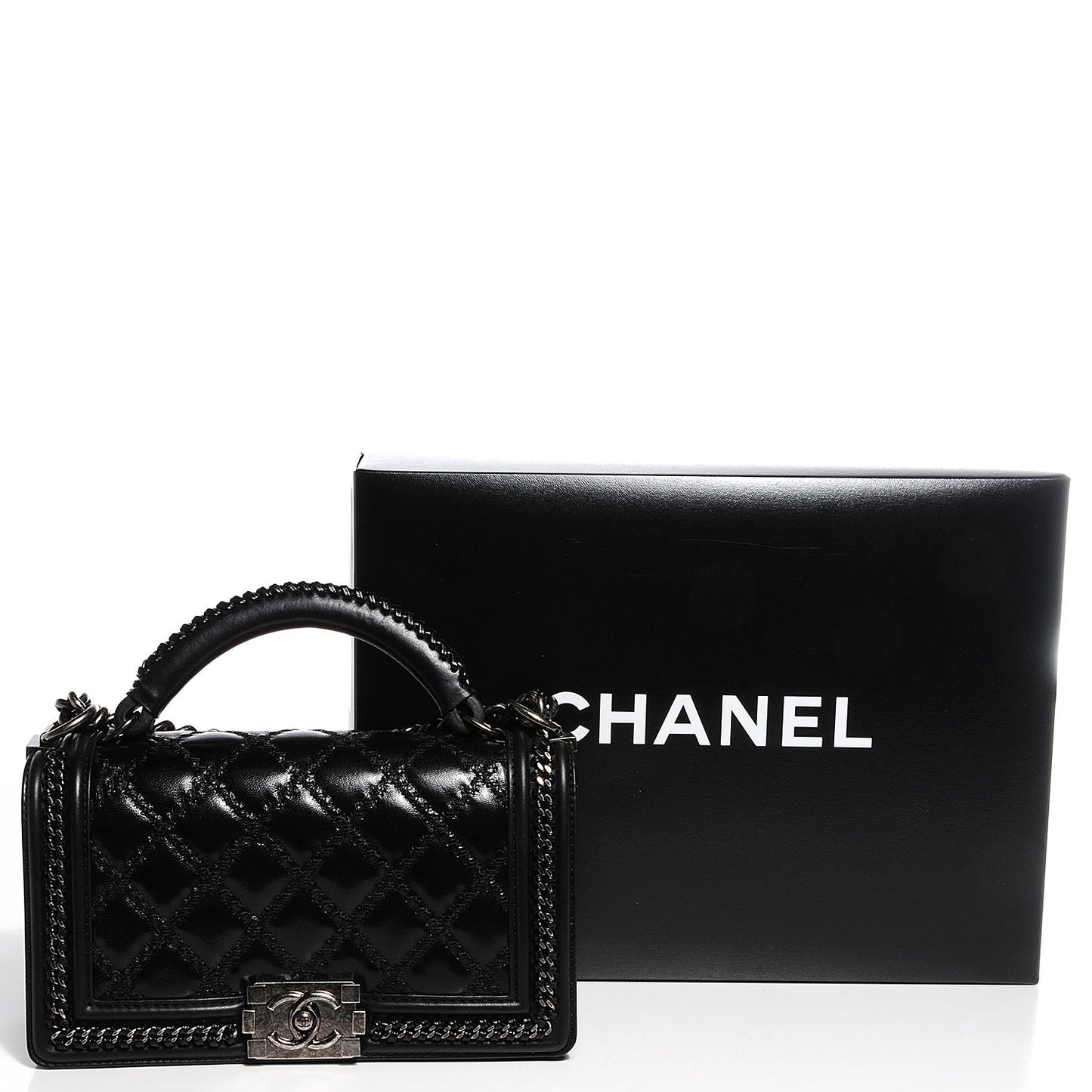 Calfskin Quilted Medium Top Handle Boy Flap Black