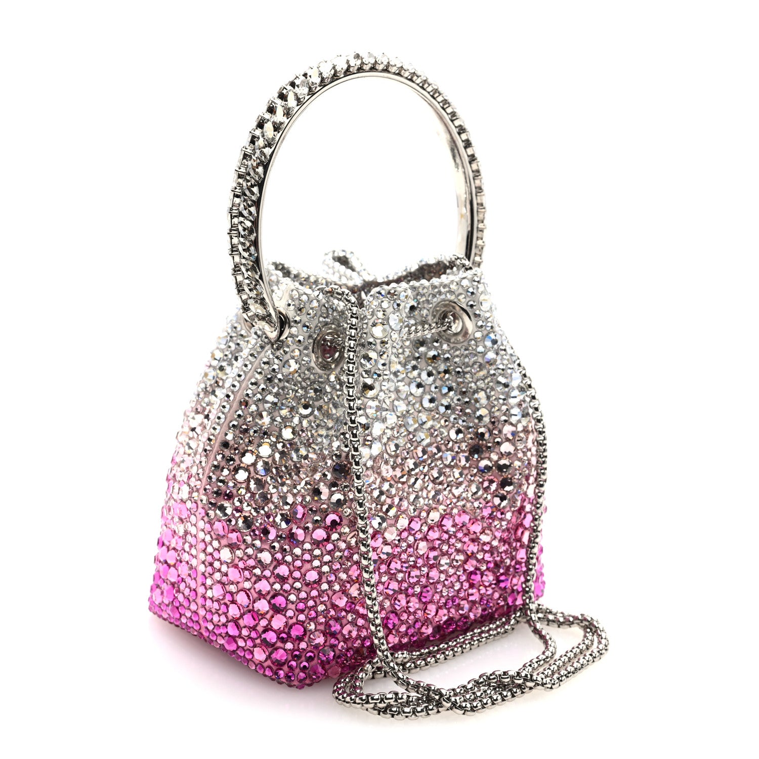 Jimmy Choo Satin Hotfix Crystal Embellished Bon Bon Bucket Bag Candy Pink Silver 3 of 10