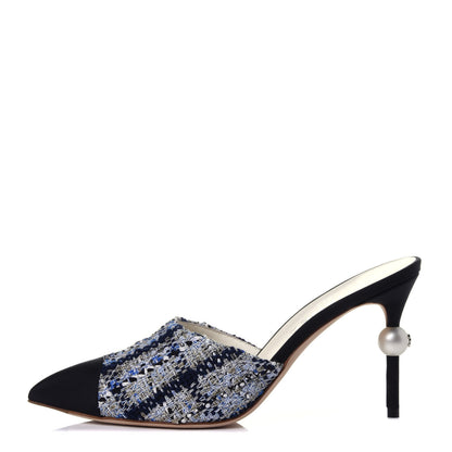 Chanel Tweed Grosgrain Pearl Mules 39 Navy White Black 1 of 13