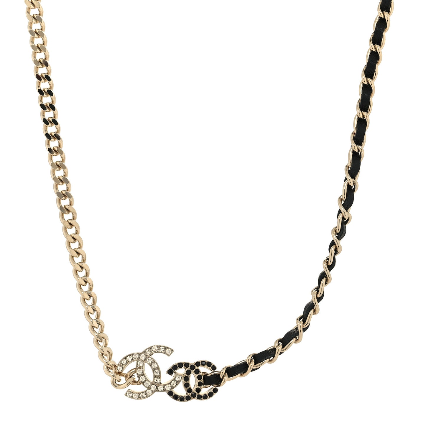 Metal Calfskin Crystal Double CC Short Necklace Black Gold