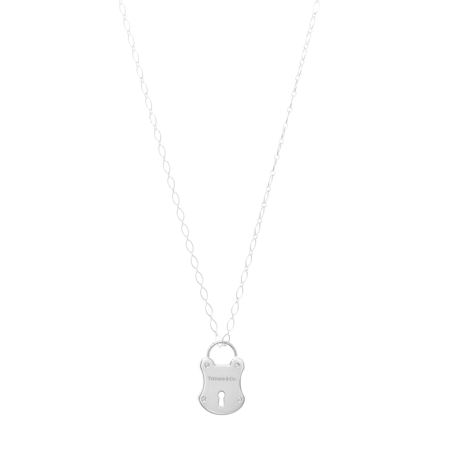 Tiffany Sterling Silver Diamond Lock Pendant Necklace 1 of 7
