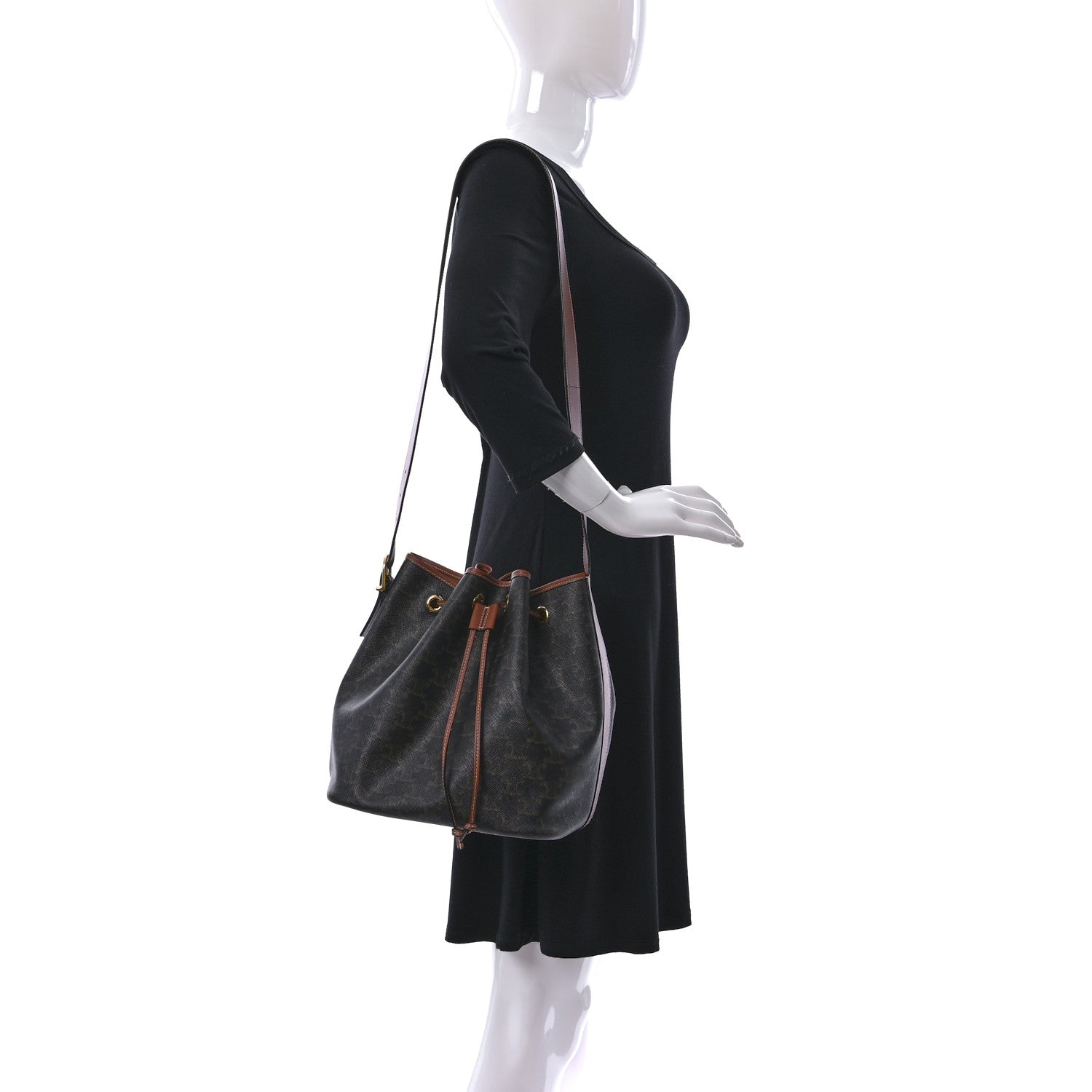 Celine Triomphe Canvas Calfskin Medium Drawstring Bucket Bag Tan 2 of 9
