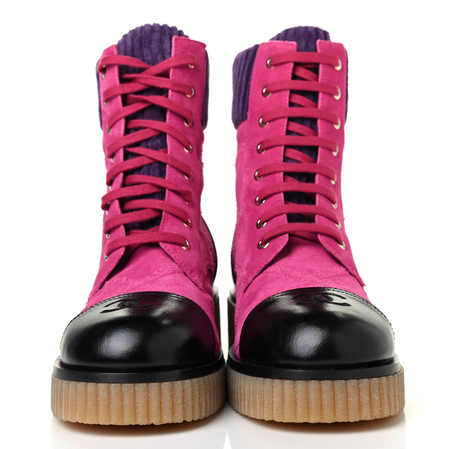 Chanel Suede Calfskin Velvet Lace Up Boots 40 Pink Black Purple 2 of 4