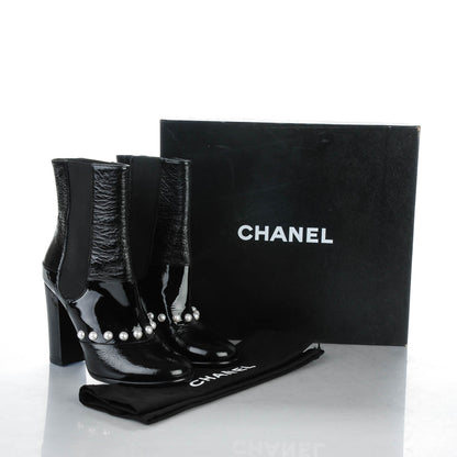 Chanel Patent Pearl Elastic Boots 38 Black 8 of 8