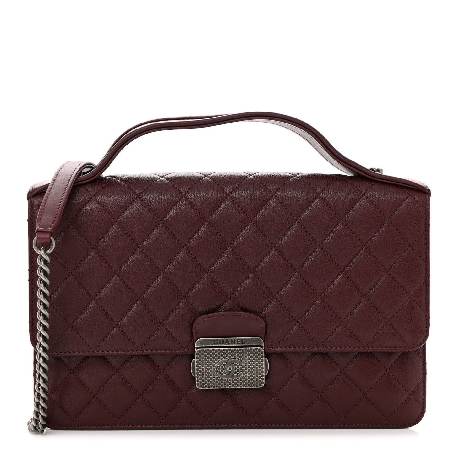 Goatskin Quilted Large CC University Top Handle Flap Burgundy