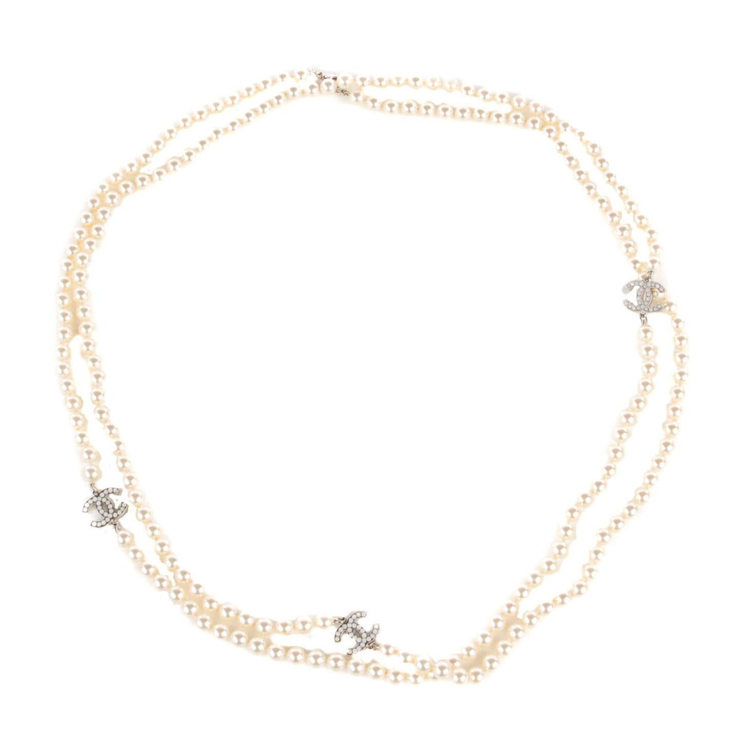 Pearl CC Long Necklace Silver