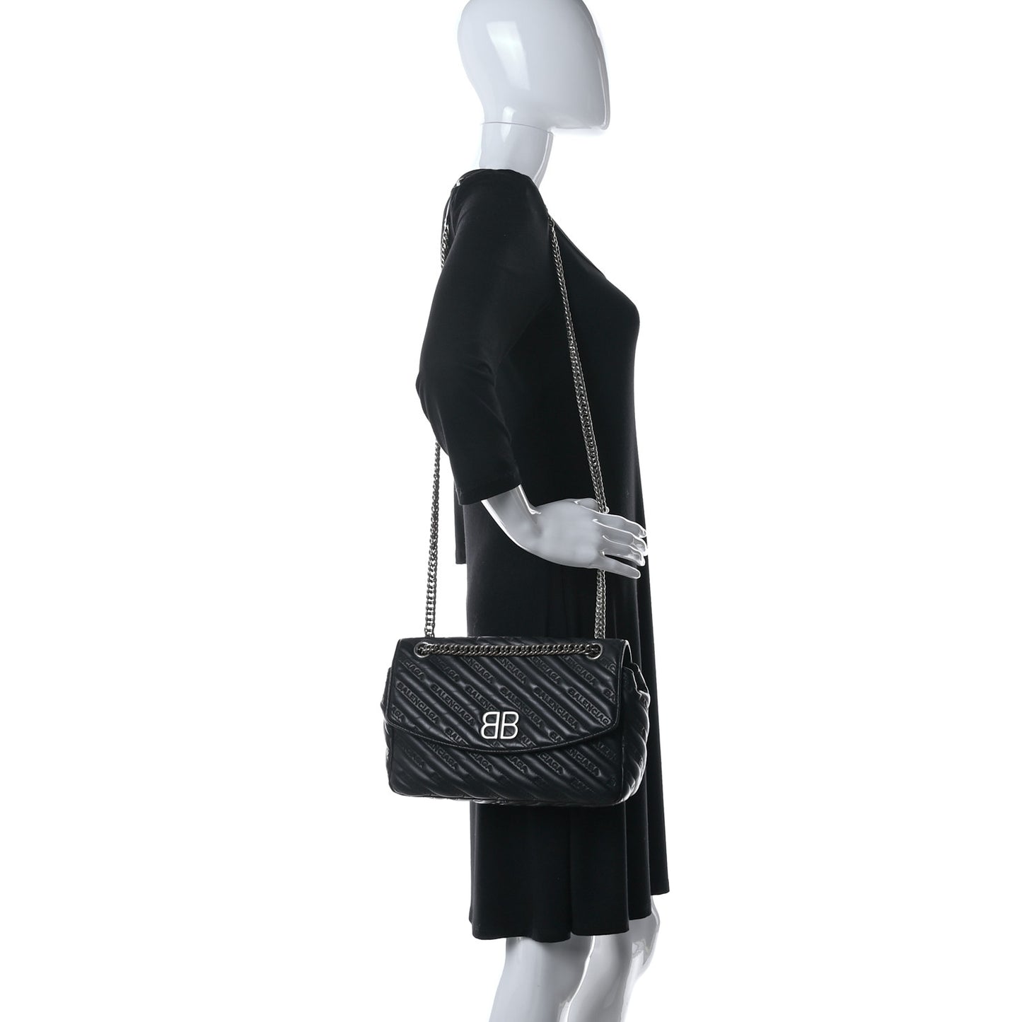 Calfskin Logo Matelasse M BB Chain Shoulder Bag Black
