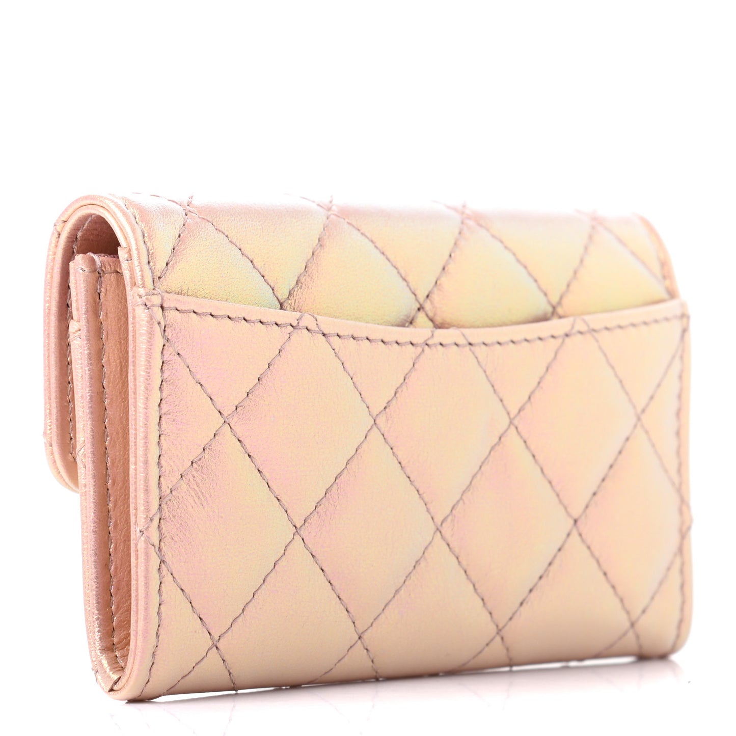 Iridescent Calfskin Quilted Flap Card Holder Wallet Pink