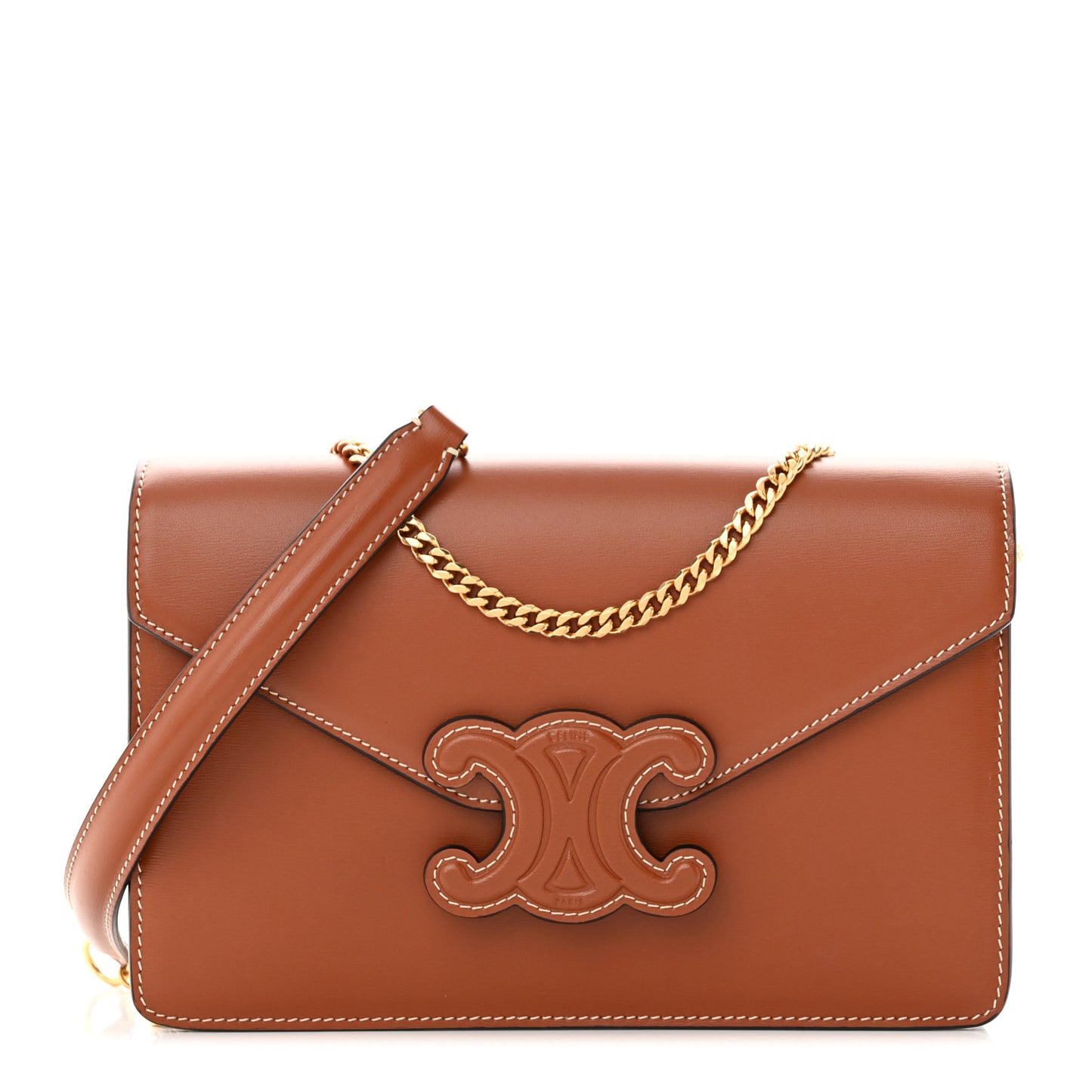 Shiny Calfskin Cuir Triomphe Wallet on Chain Tan