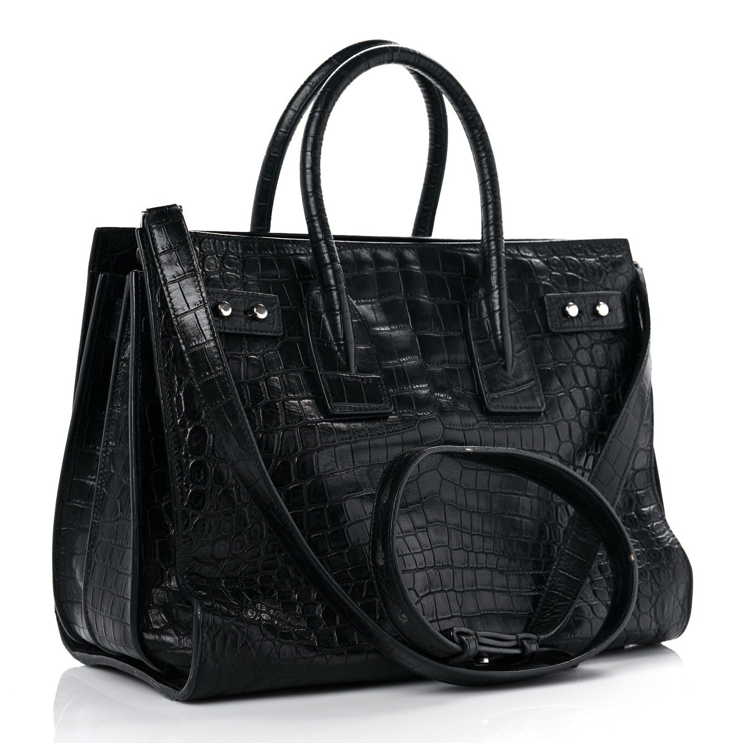 Saint Laurent Calfskin Crocodile Embossed Small Supple Sac de Jour Black 3 of 19