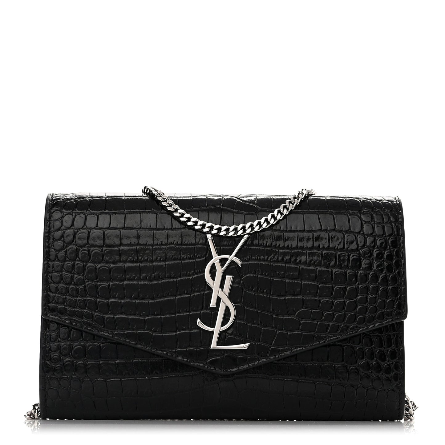 Calfskin Crocodile Embossed Monogram Uptown Chain Wallet Black