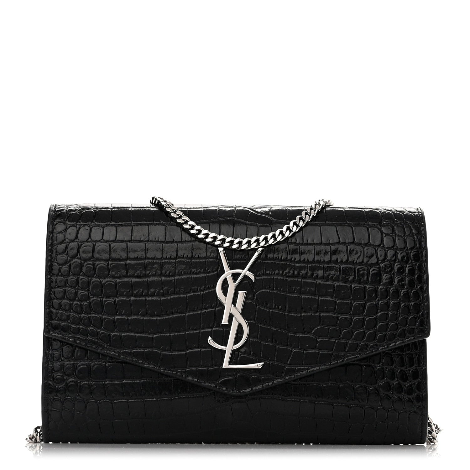 Saint Laurent Calfskin Crocodile Embossed Monogram Uptown Chain Wallet Black 1 of 11