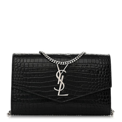 Saint Laurent Calfskin Crocodile Embossed Monogram Uptown Chain Wallet Black 1 of 11
